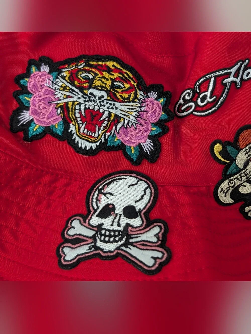 NWT Ed Hardy Red Bucket Hat with Embroidered  Patches Unisex Sz O/S